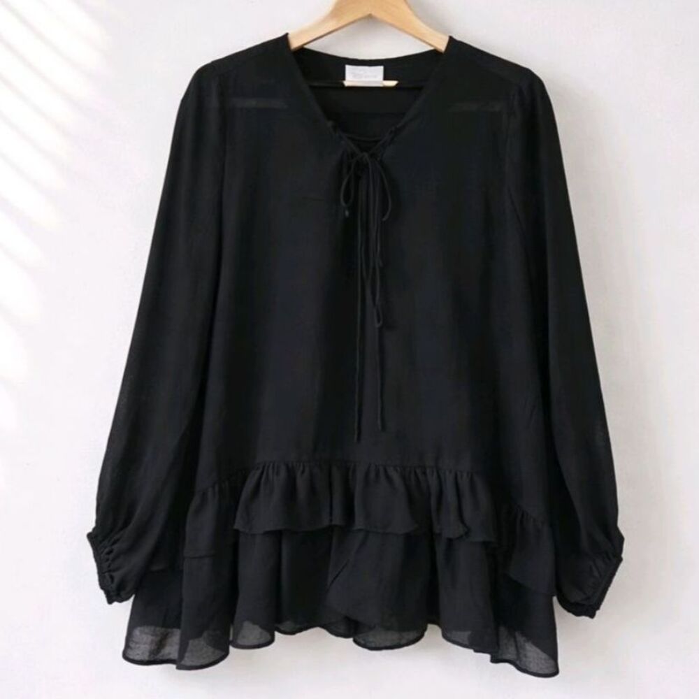 Bluheaven Black Ruffled Long-Sleeve Top Dress Size L